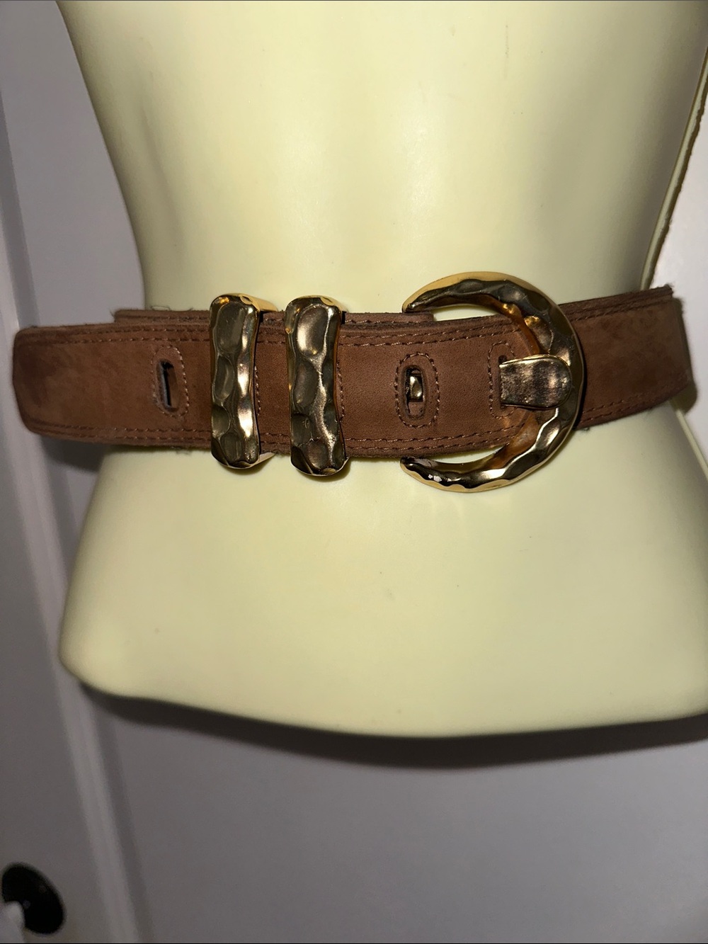 Vintage Express Brown Suede Belt with Hammered Gold Buckle